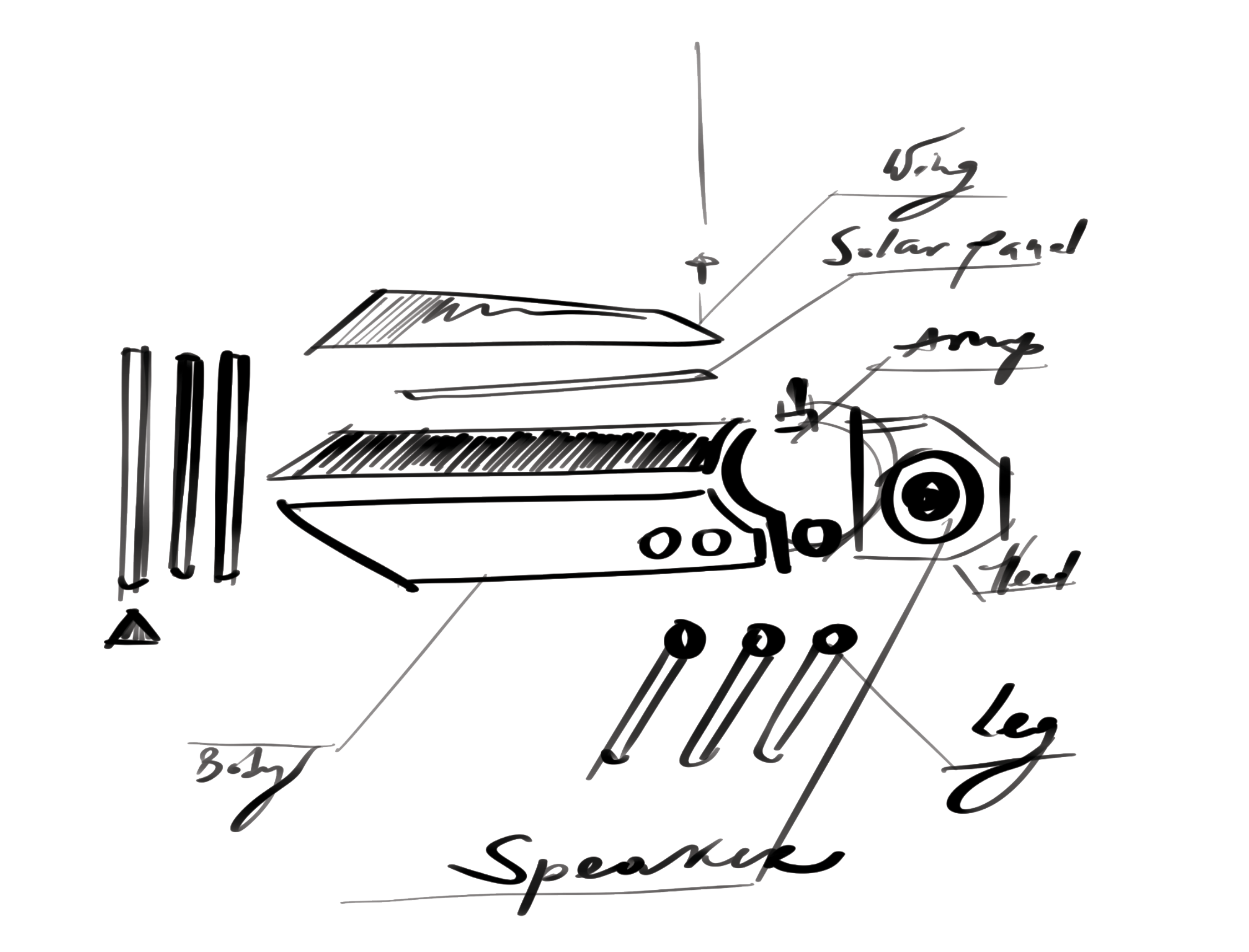 Exploded sketch of the Solsonic Bug: wing, solar panel, amp, head, body, speaker, legs
