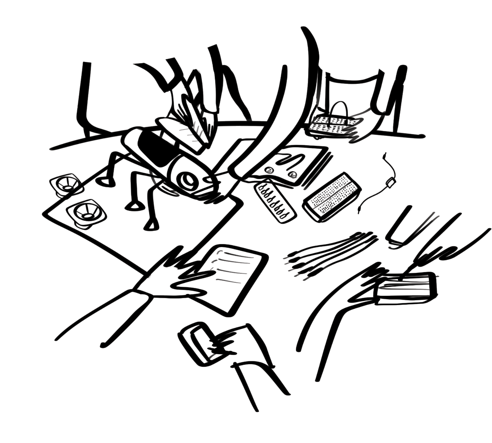 Sketch of many hands building the Solsonic Bug together around a table